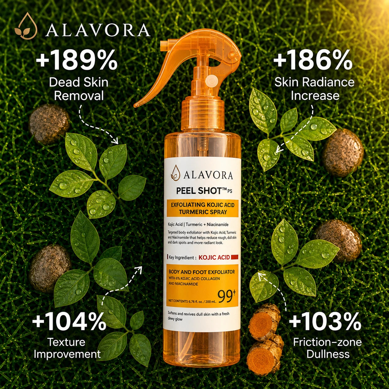 Alavora Spray Peeling Corporal con Ácido Kójico + Cúrcuma