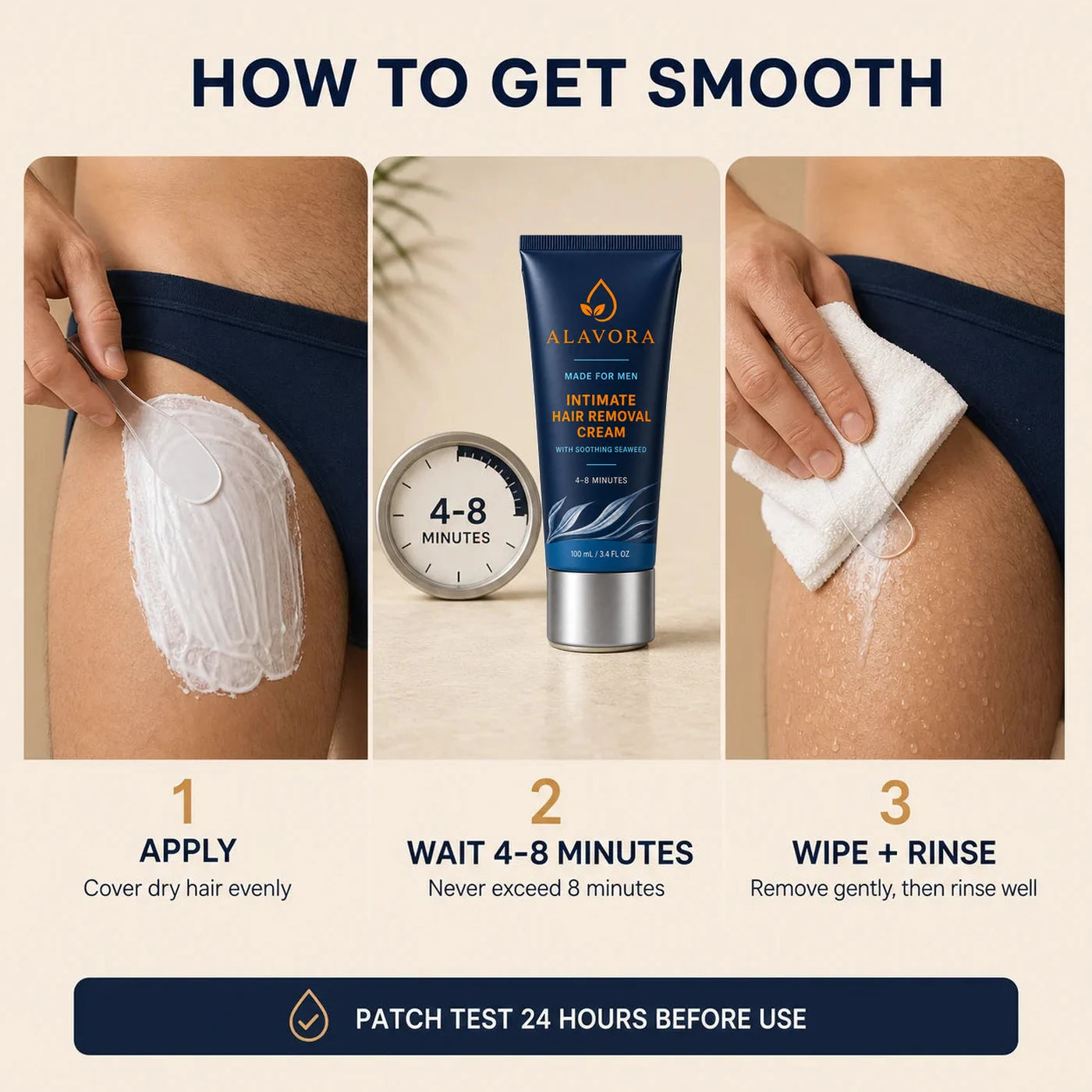 Three step guide to using Alavora Intimate Hair Removal Cream