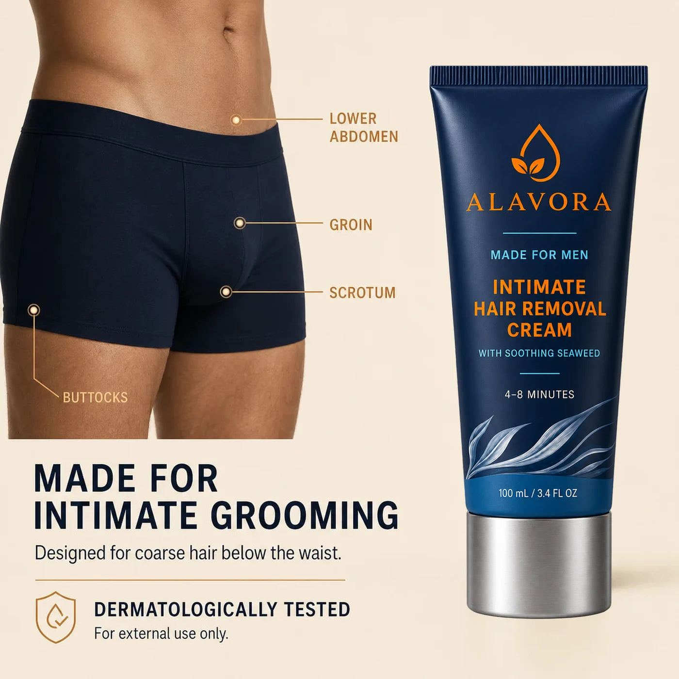 Intended external-use areas for Alavora Intimate Hair Removal Cream