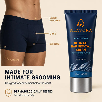 Intended external-use areas for Alavora Intimate Hair Removal Cream