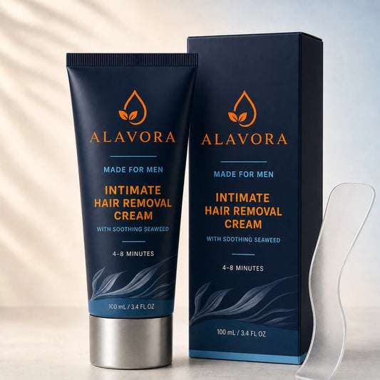 Alavora Intimate Hair Removal Cream in navy and orange packaging